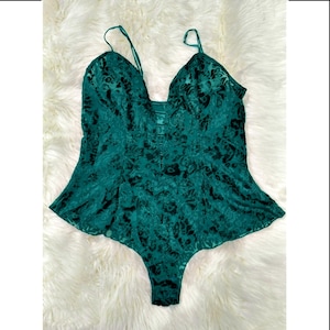Vintage Victorias Secret Teddy LARGE One Piece Emerald Green Velvet Burnout 90s Y2K Gold Label Bodysuit Nightie Negligee Lingerie Sexy