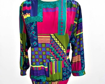 Vintage 80er 90er Jahre Bluse mit abstraktem geometrischen Muster Größe 10 Colorblock USA Schulterpolster Retro Artsy