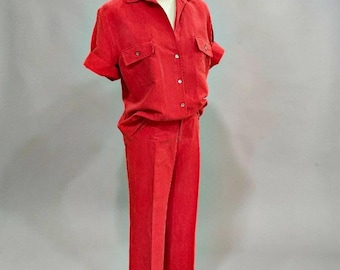 Nygard 2 PC Silk Linen Set Red Button Shirt Crop Pants Women 12 Resort Minimal