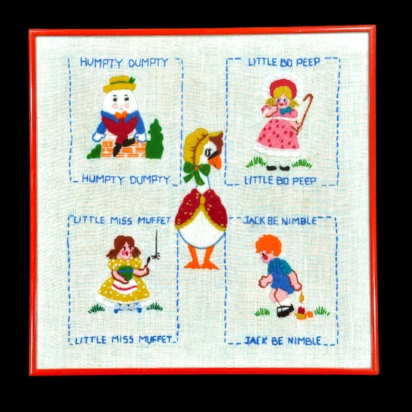 Vintage Embroidered Needlepoint Framed Mother Goose Nursery Rhymes 15" x 15" Humpty Dumpty Lil' Bo Peep Jack Be Nimble Lil' Miss Muffet