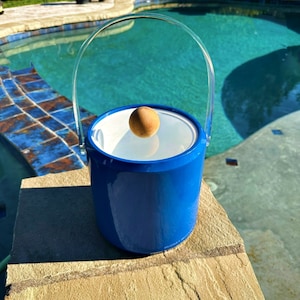 Op de afbeelding: Een blauwe ijs emmer met een transparante plastic handgreep en een wit interieur. Een houten bal ligt in de emmer.