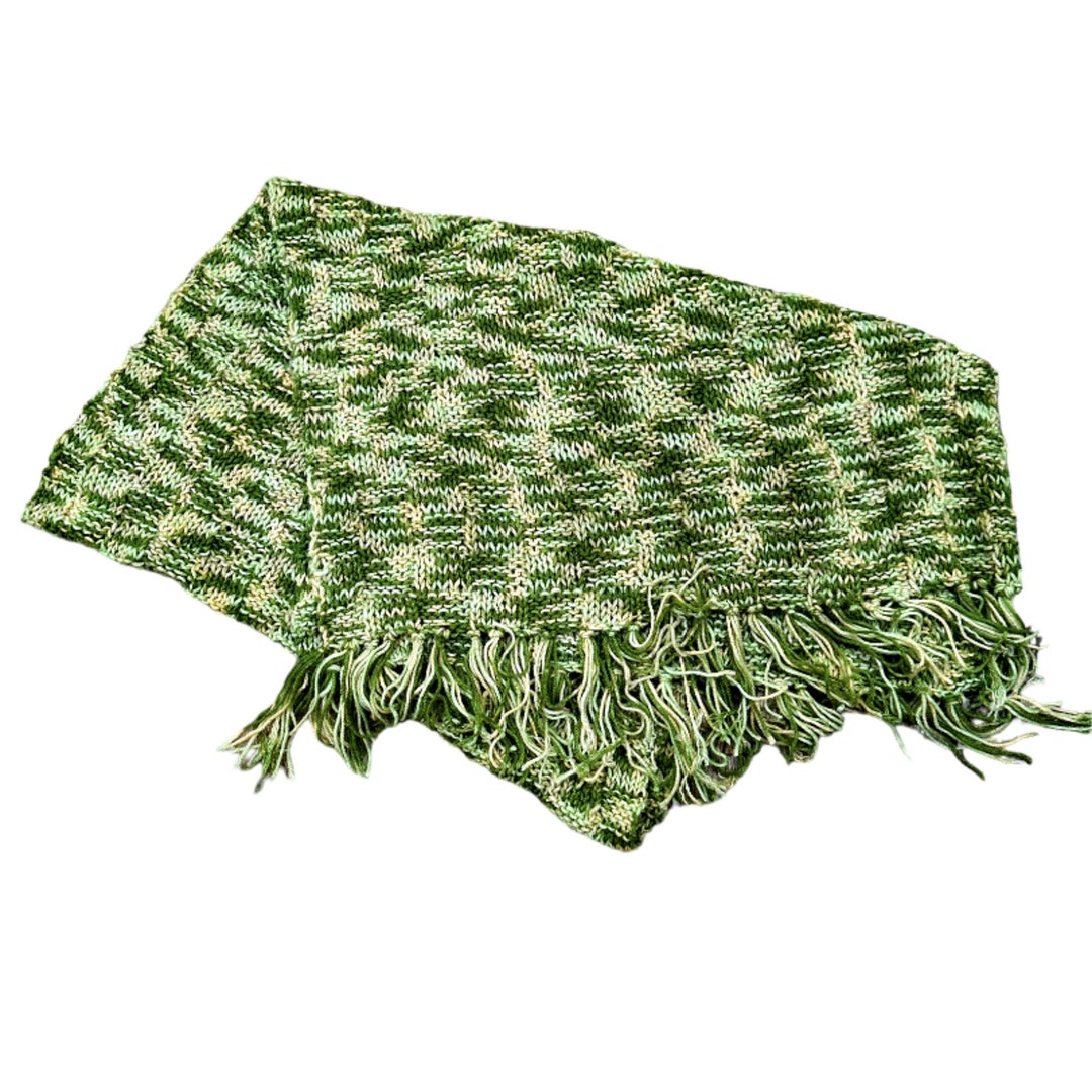 Crocheted Green, Cream, Tan Prayer Shawl Wrap Throw Fringed Handmade Knit  73 X 25 -  Canada