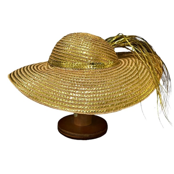 Vintage Jack McConnell New York Gold Straw Sun Hat with Original Box Woven Shiny Metallic Wispy Embellishment Derby Day Party Wedding