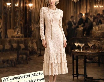 Ursula-Zwitserse kanten jurk 10 verlaagde taille jaren 1920 Great Gatsby art deco romantische MOB doorzichtige mouw