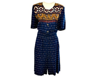 Vintage Romper BOHO Aztec Tribal Medallions Size Medium Blue Gold Brown Michele Leslie Retro Shoulder Pads 80s 90s Fashion