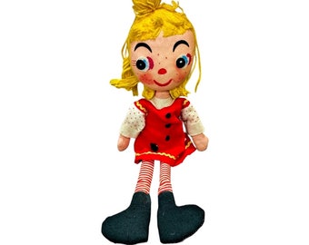 Vintage Holiday Fair HEDAYA & Co NYC 1960s Raggedy Doll 15 Inch Made in JAPAN Yellow Yarn Hair Red Dress