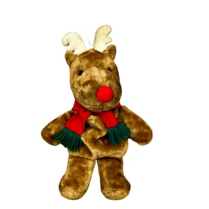 Vintage 1988 Fairview 3D rode neus rendieren kerstsok kaarthouder 19 inch rode sjaal jaren 1980 vakantie decor