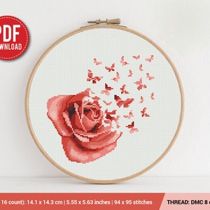 Rose Flower Butterfly Cross stitch pattern | Embroidery Pattern | Instant Download | Embroidery Designs