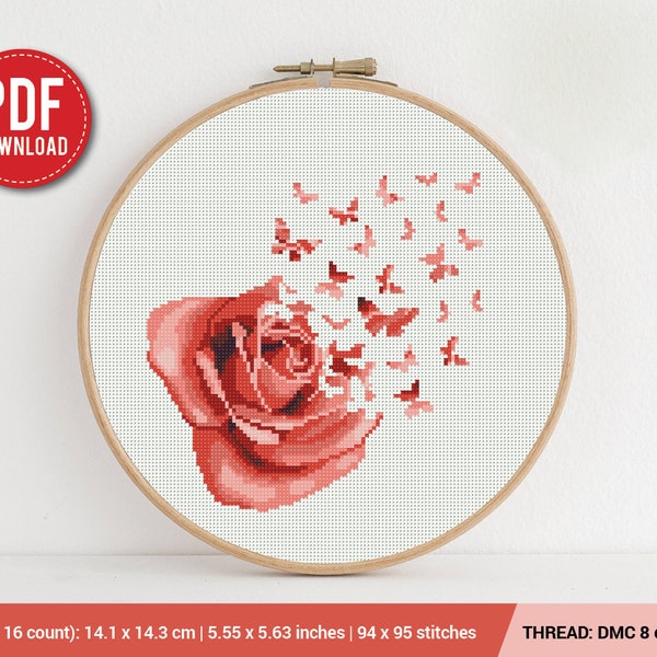 Rose Flower Butterfly Cross stitch pattern | Embroidery Pattern | Instant Download | Embroidery Designs
