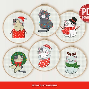 Bundle of 6 Funny Cat New Year Cross stitch pattern | Embroidery Pattern | Instant Download | Embroidery Designs