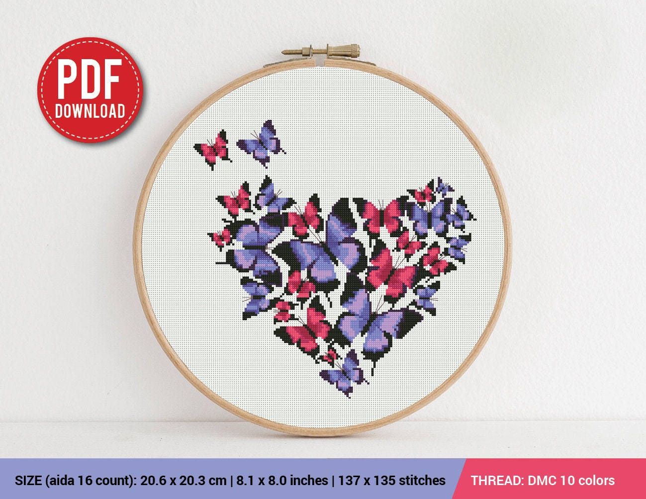 Cross Stitch pattern mini pink Primrose flower bouquet with blue butterfly,  just 80x80 stitches by Vivsters, PDF easy counted chart 331