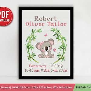 Koala Geboorteaankondiging kruissteekpatroon, baby, gepersonaliseerd, jongen meisje inrichting kinderkamer, geteld, grafiek, cadeau DIY, borduurwerk, instant pdf