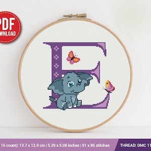 Patrón de punto de cruz de elefante con la letra E / Patrón de bordado / Descarga instantánea / Diseños de bordado