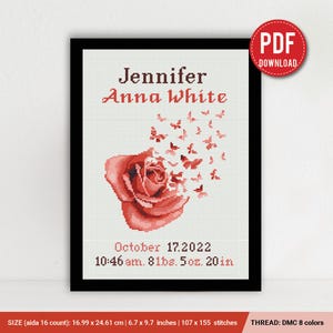 Roos geboortekaartje kruissteekpatroon, baby, gepersonaliseerd, jongen meisje inrichting kinderkamer, geteld, grafiek, cadeau DIY, borduurwerk, instant pdf