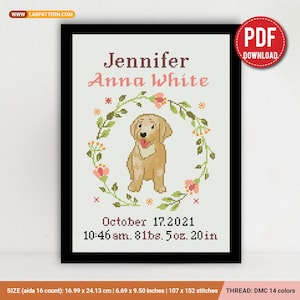 Geboorteaankondiging hond baby kruissteekpatroon, baby, gepersonaliseerd, jongen meisje inrichting kinderkamer, grafiek, cadeau DIY, borduurwerk, instant pdf