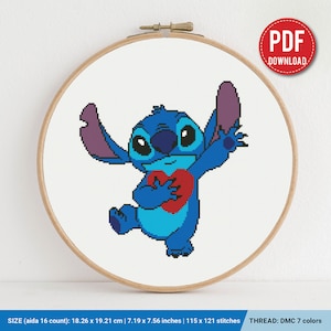 Lilo and Stitch, Heart cross stitch pattern, Love Hawaii, Valentine’s Day, nursery decor, counted, chart, gift DIY, embroidery, instant PDF