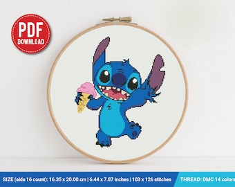 Lilo and Stitch Ice Cream cross stitch pattern, baby, Love Hawaii, Pink, nursery decor, counted, chart, gift DIY, embroidery, instant PDF