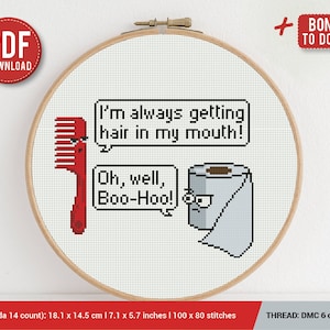 Toilettenpapier und Kamm Lustig Zitat Kreuzstichmuster | Stickmuster | Sofortdownload | Kreuzstich Stickmuster | Stickdateien