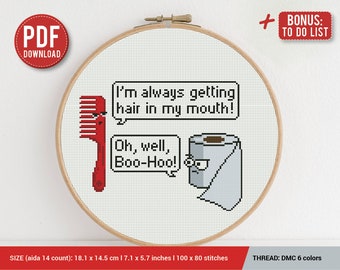 Toilet Paper and Comb Funny Quote Cross stitch pattern | Embroidery Pattern | Instant Download | Cross Stitch Patterns | Embroidery Designs