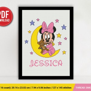 Minnie Geboortekaartje kruissteekpatroon, muis, baby, gepersonaliseerd, meisjeskwekerij, geteld, grafiek, cadeau DIY, borduurwerk, instant pdf