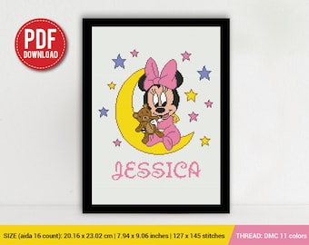 Minnie Birth announcement cross stitch pattern, Mouse, baby, personalized, girl nursery, counted, chart, gift DIY, embroidery, instant PDF