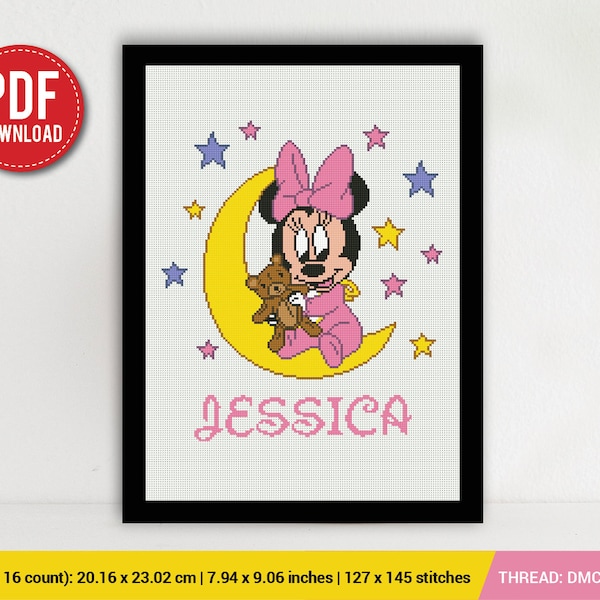 Minnie Geburtsanzeige Kreuzstichmuster, Maus, Baby, personalisiert, Mädchen Kinderzimmer, gezählt, Karte, Geschenk DIY, Sticken, sofort PDF