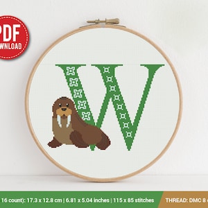 Letter W Walrus ABC Cross stitch pattern | Embroidery Pattern | Instant Download | Embroidery Designs