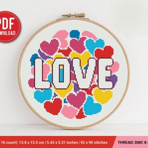 ラブハートのクロスステッチパターン | 刺繍パターン | 即時ダウンロード | 刺繍デザイン