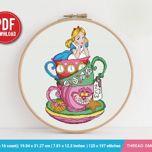 Alice in Wonderland Cups cross stitch pattern, Kitchen decor, Love, counted, chart, gift DIY, embroidery, instant PDF