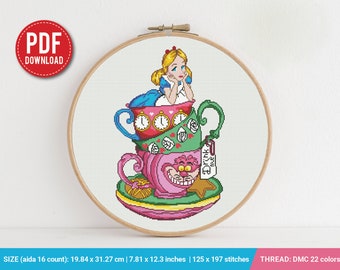 Alice in Wonderland Cups cross stitch pattern, Kitchen decor, Love, counted, chart, gift DIY, embroidery, instant PDF