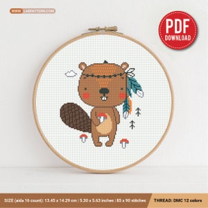 Beaver Boho Style aesthetic cross stitch pattern, baby, animal, boy girl nursery decor, counted, chart, gift DIY, embroidery, instant PDF