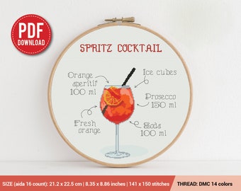 Cocktail Spritz Schema punto croce / Schema ricamo / Download immediato / Disegni ricamo