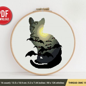 Cat Silhouette Bat Cross stitch pattern | Embroidery Pattern | Instant Download | Embroidery Designs