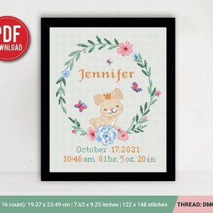 Patrón de punto de cruz para anuncio de nacimiento de conejo, bebé, personalizado, decoración de guardería para niño y niña, contado, gráfico, regalo DIY, bordado, PDF instantáneo