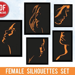 Female Silhouettes Bundle of 5 cross stitch pattern, woman, portrait, home decor, counted, chart, gift DIY, embroidery, instant PDF