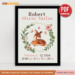 Herten geboortekaartje kruissteekpatroon, baby, gepersonaliseerd, jongen meisje inrichting kinderkamer, geteld, grafiek, cadeau DIY, borduurwerk, instant pdf