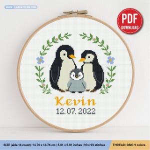 Patrón de punto de cruz para anuncio de nacimiento de pingüinos (PDF), bebé, personalizado, decoración infantil para niño y niña, contado, gráfico, regalo DIY, bordado