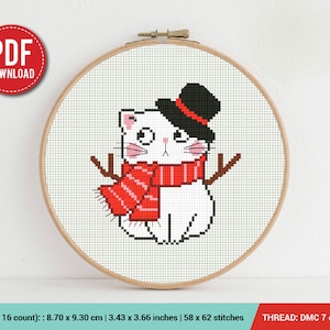 Cat Snowman New Year Cross stitch pattern | Embroidery Pattern | Instant Download | Embroidery Designs