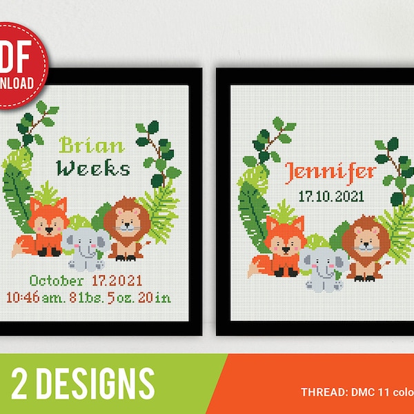 Zoo Animals Birth announcement cross stitch pattern, baby, personalized, Fox Lion, boy girl nursery decor, gift DIY, embroidery, instant PDF