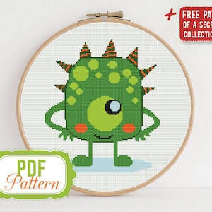 Cross stitch pattern Funny Green Monster Cross stitch pattern Kids Monster PDF Format Instant Download Home decor Modern