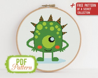 Cross stitch pattern Funny Green Monster Cross stitch pattern Kids Monster PDF Format Instant Download Home decor Modern