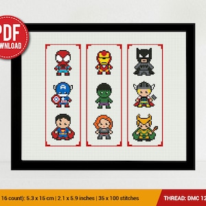 SuperHero  3 Bookmarks Set Cross stitch pattern | Embroidery Pattern | Instant Download | Embroidery Designs