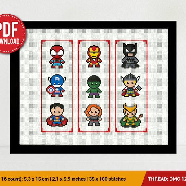 SuperHero  3 Bookmarks Set Cross stitch pattern | Embroidery Pattern | Instant Download | Embroidery Designs