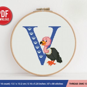 Letra V Buitre ABC Patrón de punto de cruz / Patrón de bordado / Descarga instantánea / Diseños de bordado