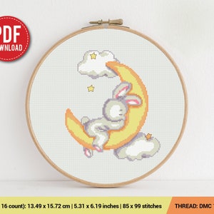 Patrón de punto de cruz Bunny Moon / Patrón de bordado / Descarga instantánea / Diseños de bordado