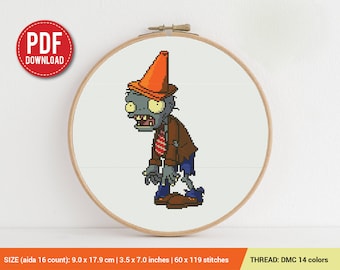 Conehead Zombie Plants vs Zombies Cross stitch pattern | Embroidery Pattern | Instant Download | Embroidery Designs