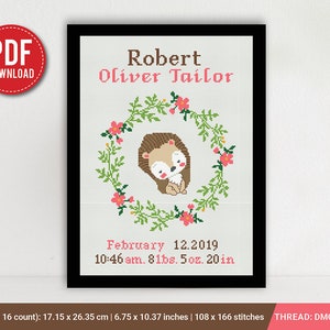 Patrón de punto de cruz para anuncio de nacimiento de ardilla, personalizado, decoración de guardería para niño y niña, contado, gráfico, regalo DIY, bordado, PDF instantáneo