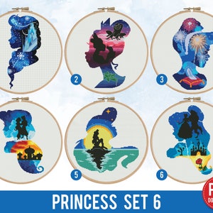 Princess set 6 cross stitch pattern, Elsa, Tiana, Cinderella, Jasmine, Ariel, Belle, nursery decor, chart, gift DIY, embroidery, instant PDF
