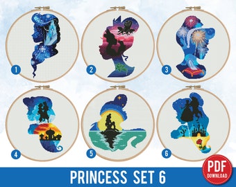 Princess Bundle of 6 cross stitch pattern Elsa Tiana Cinderella Jasmine Ariel Belle nursery decor chart gift DIY embroidery instant PDF