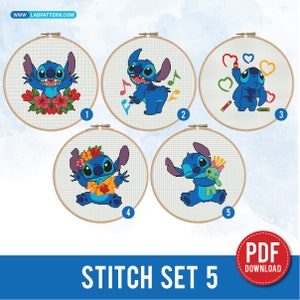 Paquete de 5 patrones de punto de cruz de Lilo y Stitch / Patrón de bordado / Descarga instantánea / Diseños de bordado